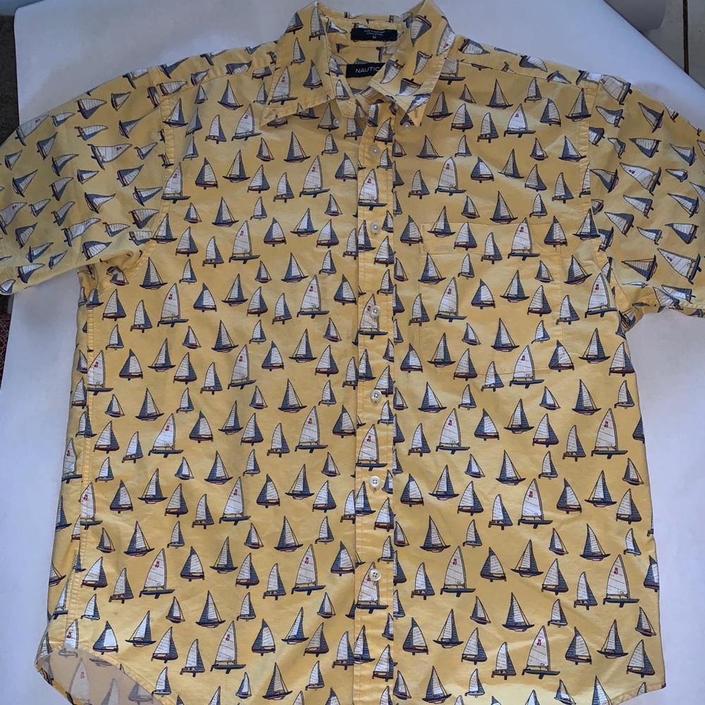 Yellow button up with boats